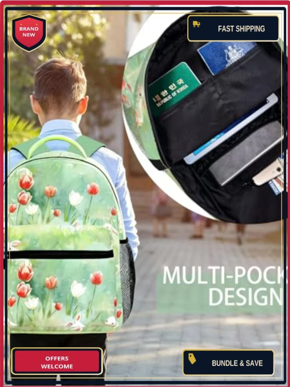 Vintage Insect Pattern Polyester Backpack with Padded Laptop Sleeve,